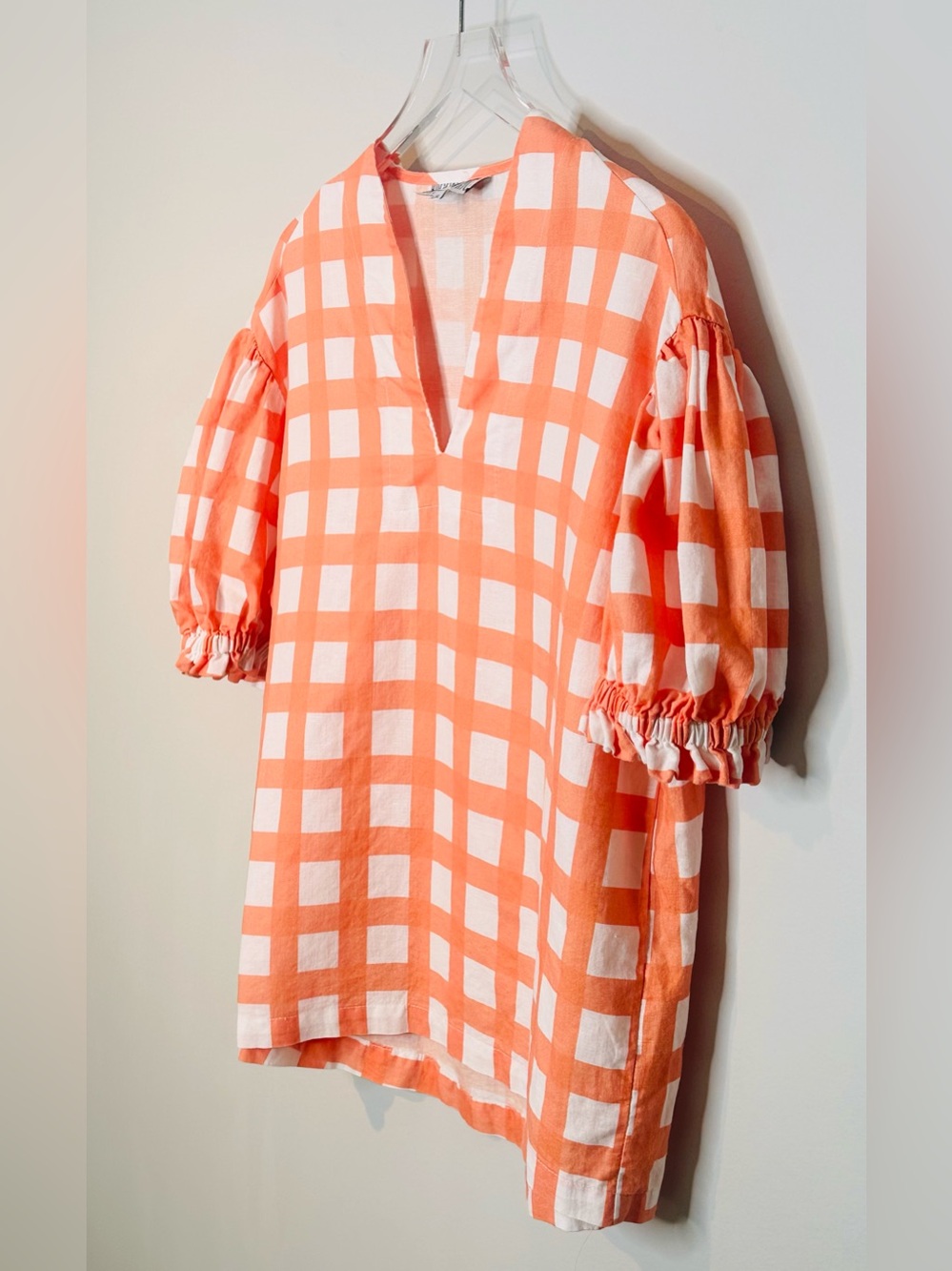 Brooke Wright Orange White Gingham V-Neck Puff Sleeve Tunic Blouse Shirt Top - Picture 4 of 10